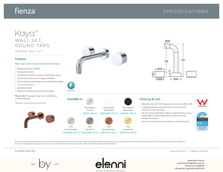 Kaya Wall Set, Round Taps, 130mm Outlet - Spec sheet