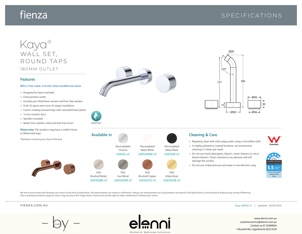 Kaya Wall Set, Round Taps, 180mm Outlet - Spec sheet
