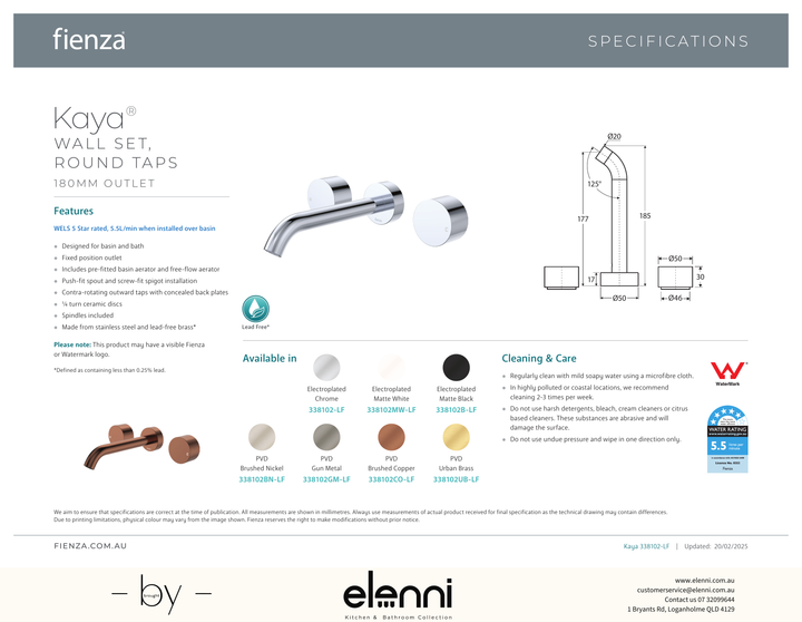 Kaya Wall Set, Round Taps, 180mm Outlet - Spec sheet