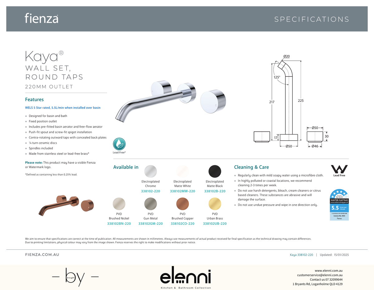 Kaya Wall Set, Round Taps, 220mm Outlet - Spec sheet