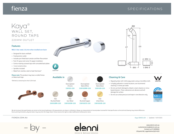 Kaya Wall Set, Round Taps, 220mm Outlet - Spec sheet