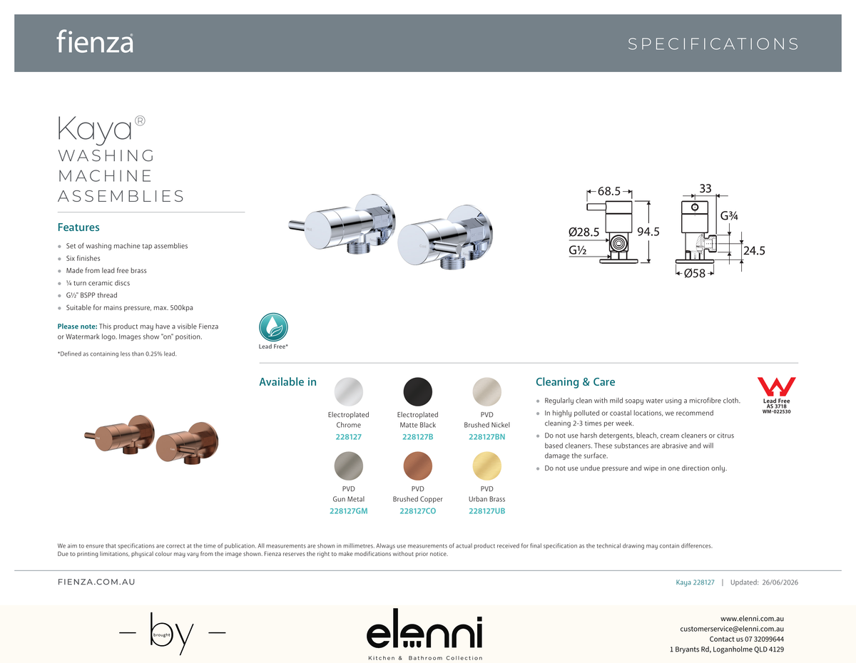 Kaya Washing Machine Assemblies - Spec sheet