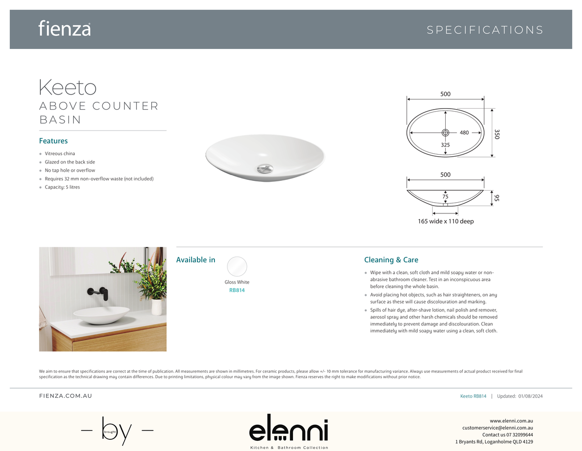 Keeto Above Counter Basin - Elenni specification drawing