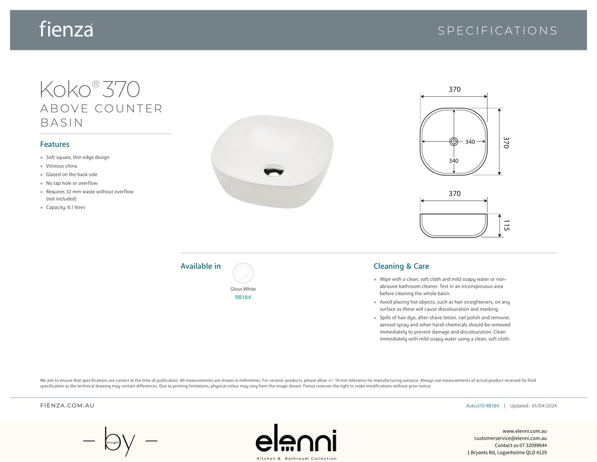 Koko 370 Above Counter Basin - Elenni specification drawing