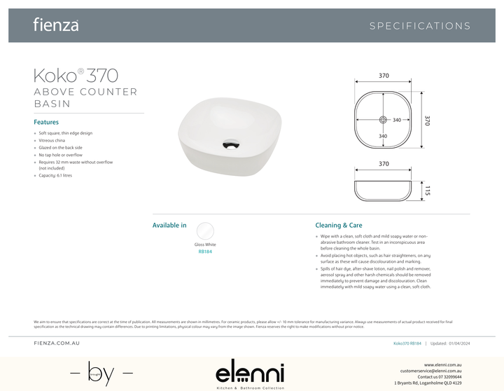 Koko 370 Above Counter Basin - Elenni specification drawing
