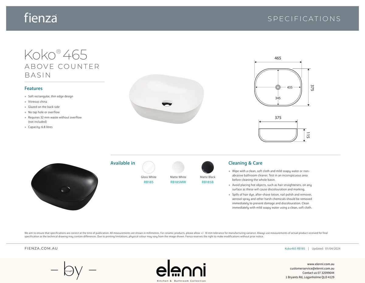 Koko 465 Above Counter Basin - Elenni specification drawing