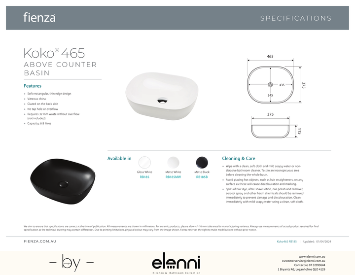 Koko 465 Above Counter Basin - Elenni specification drawing
