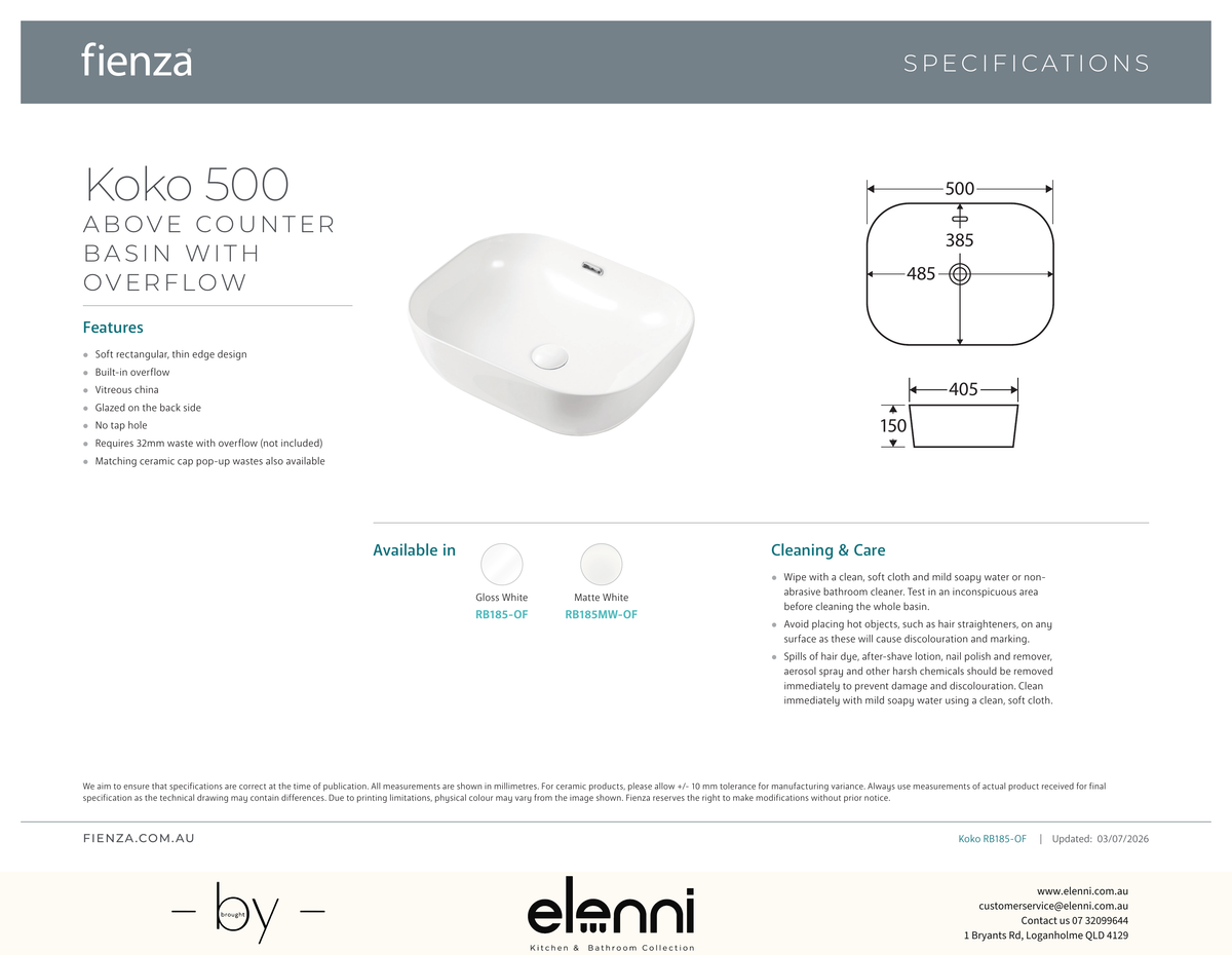 Koko 500 Above Counter Basin with Overflow - Elenni specification drawing
