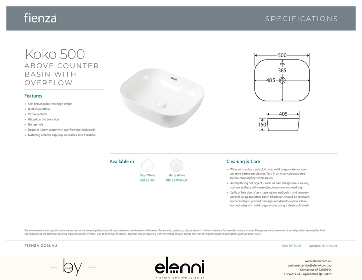Koko 500 Above Counter Basin with Overflow - Elenni specification drawing
