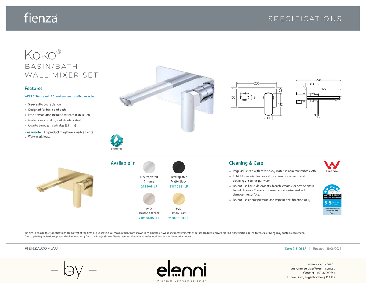 Koko Basin/Bath Wall Mixer Set - Spec sheet