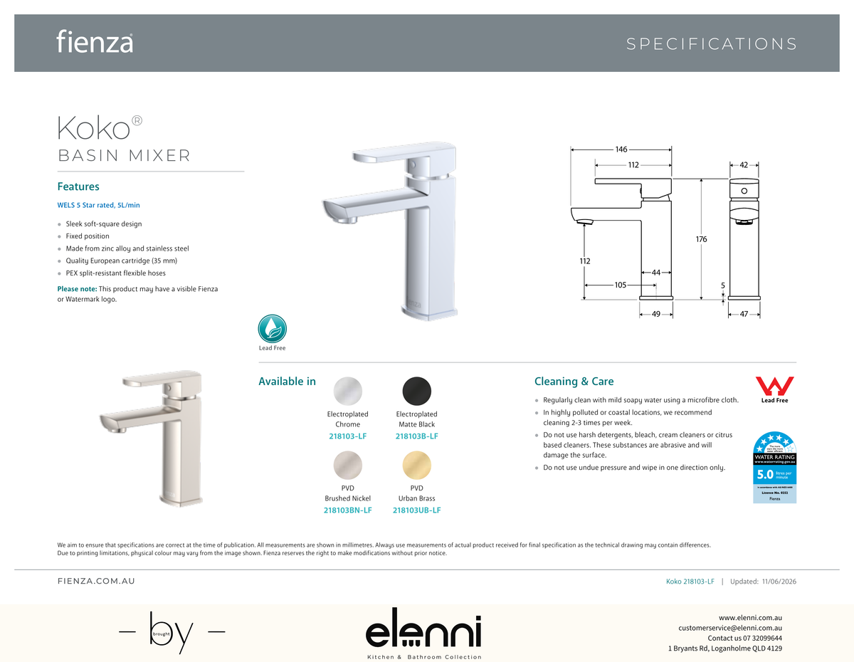 Koko Basin Mixer - Spec sheet
