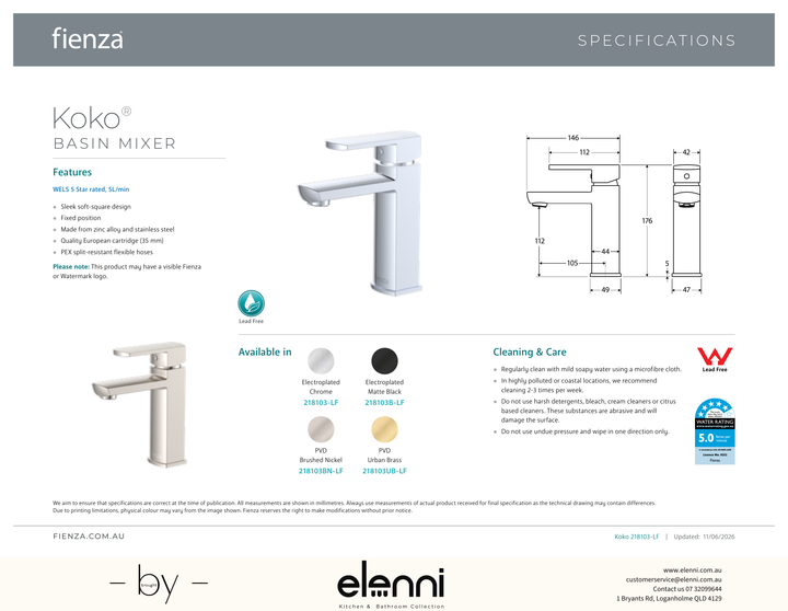 Koko Basin Mixer - Spec sheet