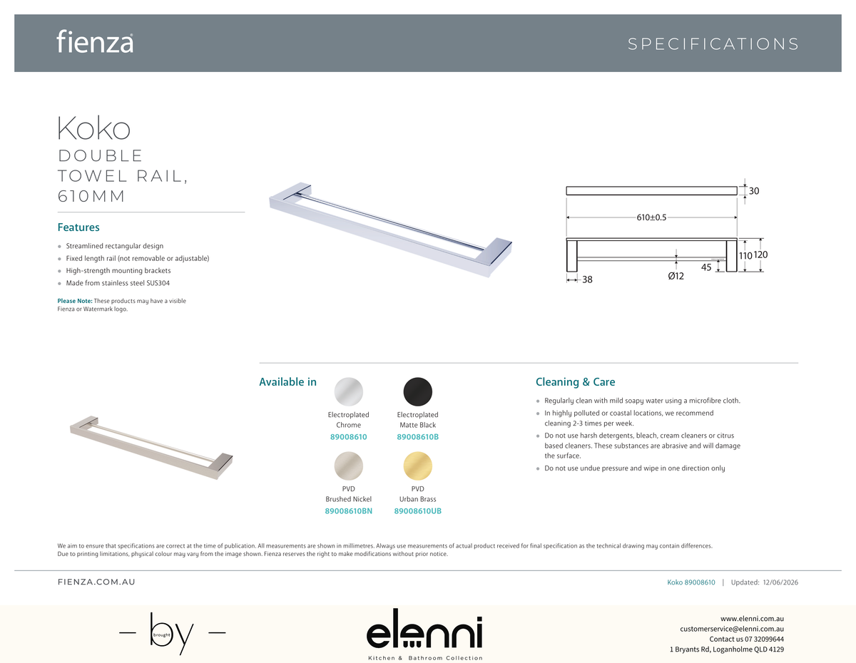 Koko Double Towel Rail, 610mm - Spec sheet