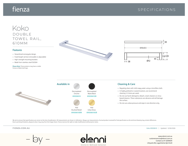 Koko Double Towel Rail, 610mm - Spec sheet
