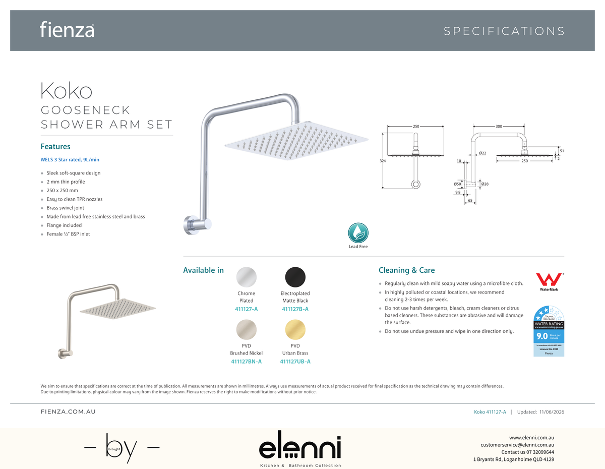 Koko Gooseneck Shower Arm Set - Spec sheet