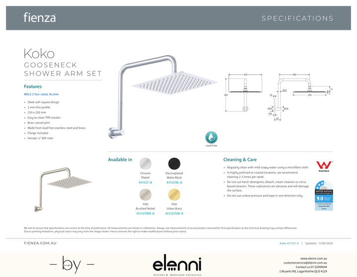Koko Gooseneck Shower Arm Set - Spec sheet