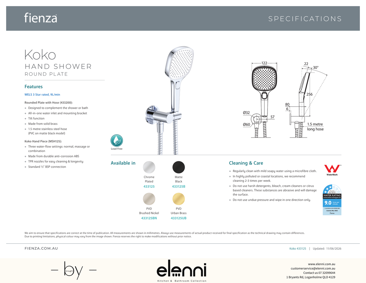 Koko Hand Shower, Round Plate - Spec sheet