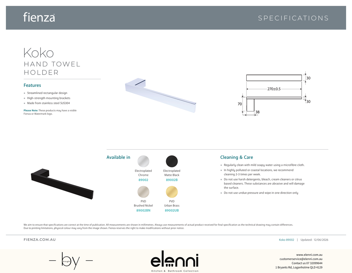 Koko Hand Towel Holder - Spec sheet