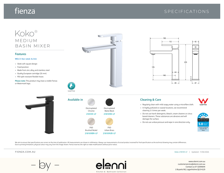 Koko Medium Basin Mixer - Spec sheet