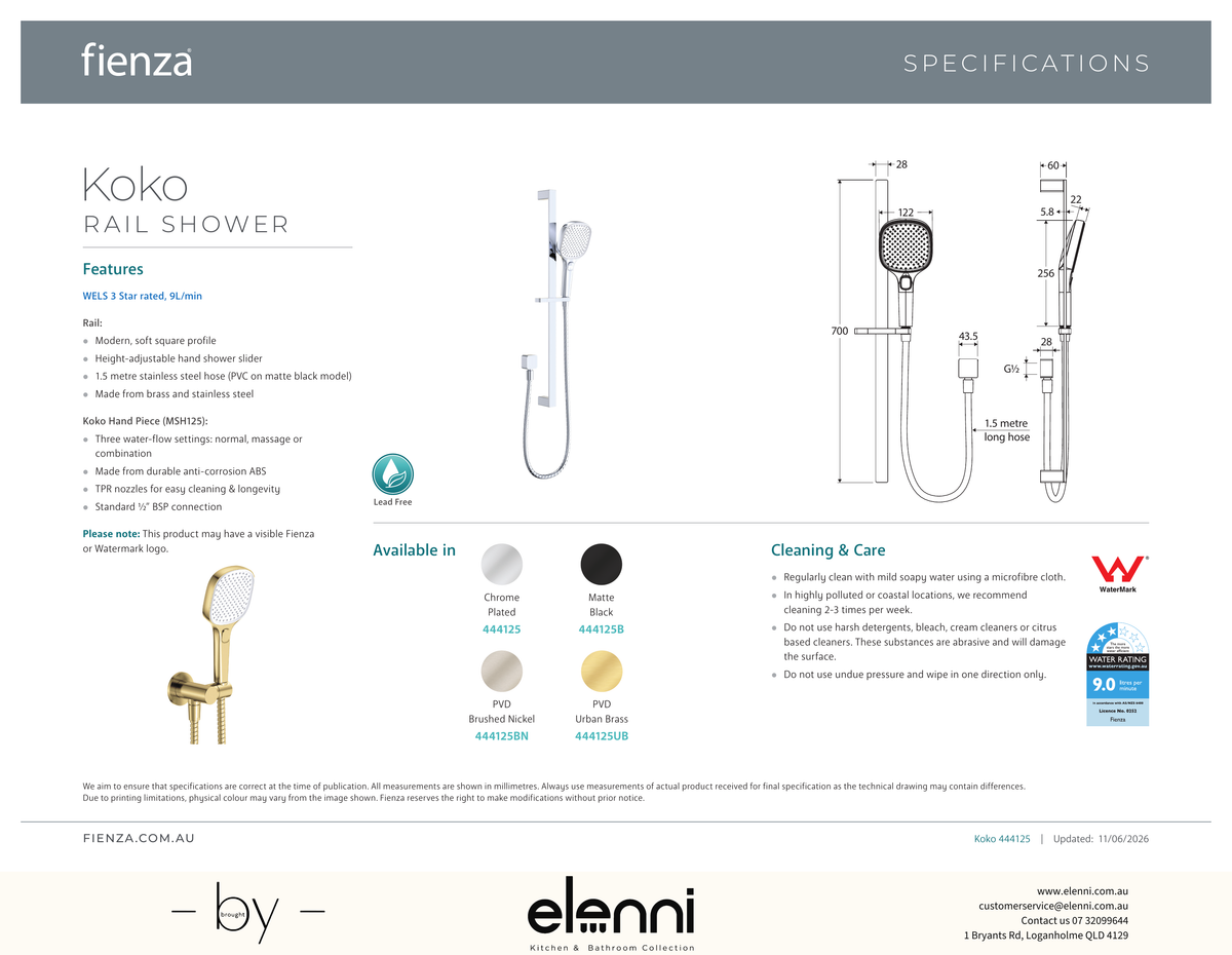 Koko Rail Shower - Spec sheet