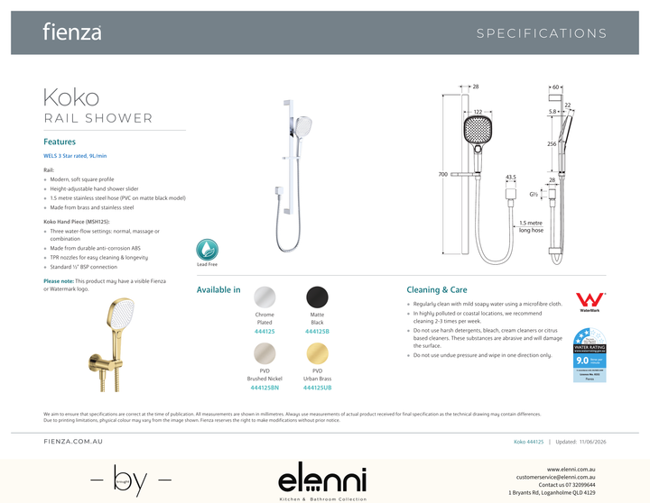 Koko Rail Shower - Spec sheet