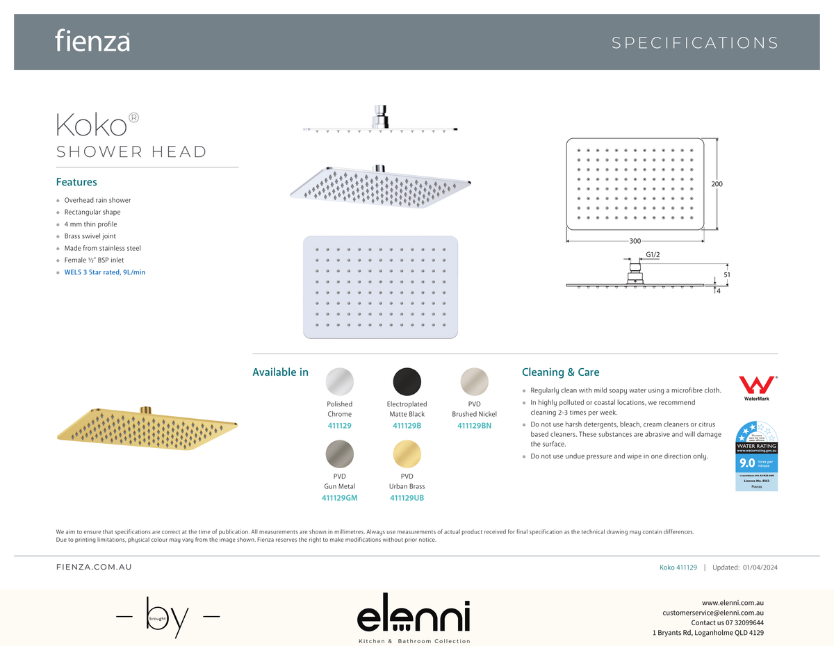 Koko Rectangular Shower Head - Spec sheet