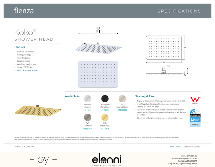 Koko Rectangular Shower Head - Spec sheet