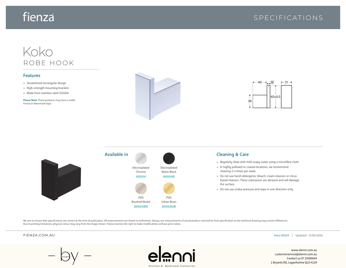 Koko Robe Hook - Spec sheet