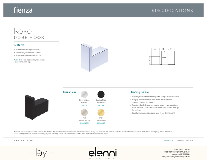 Koko Robe Hook - Spec sheet