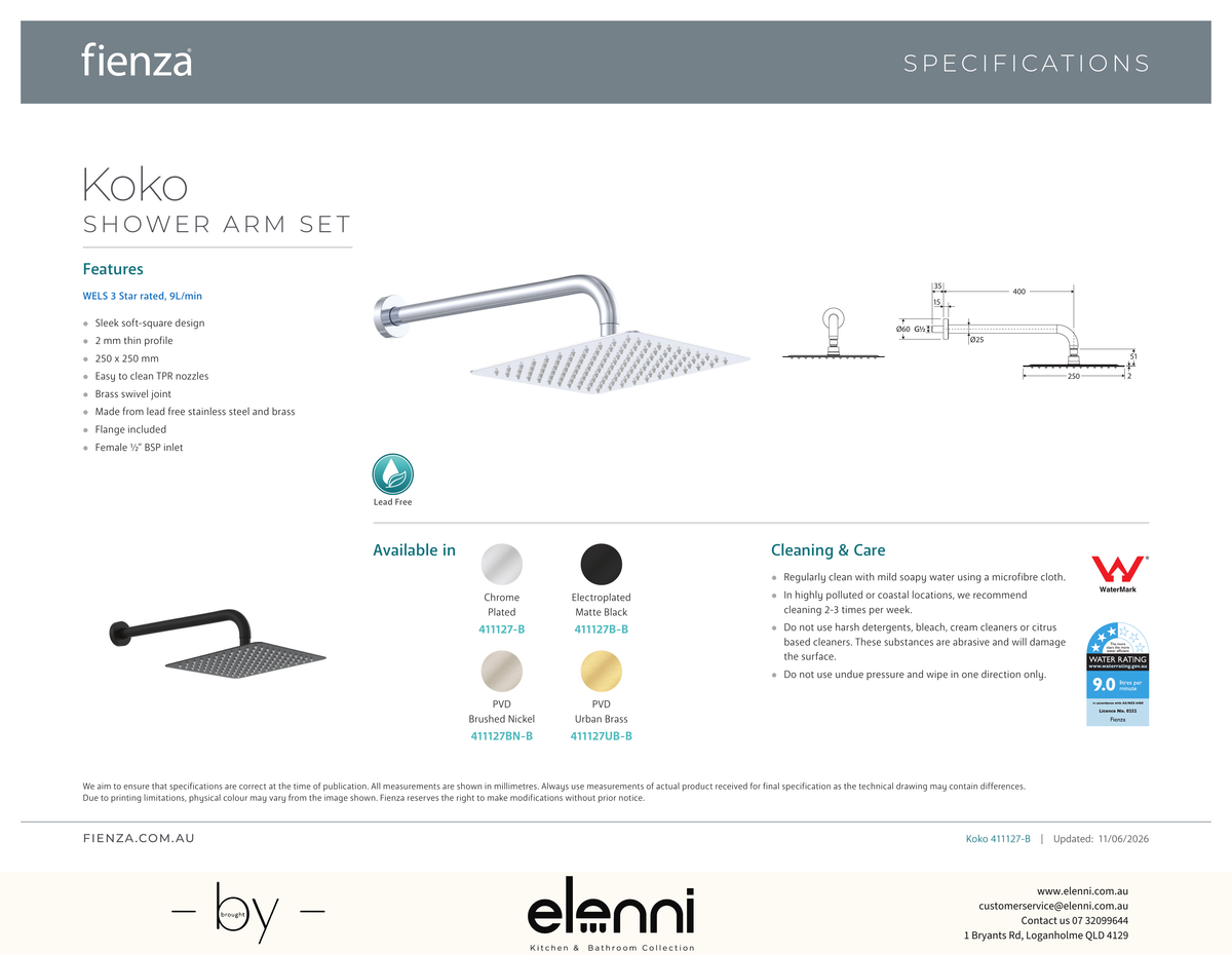 Koko Shower Arm Set - Spec sheet