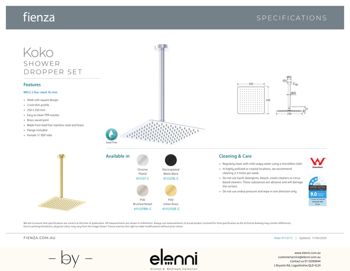 Koko Shower Dropper Set - Spec sheet
