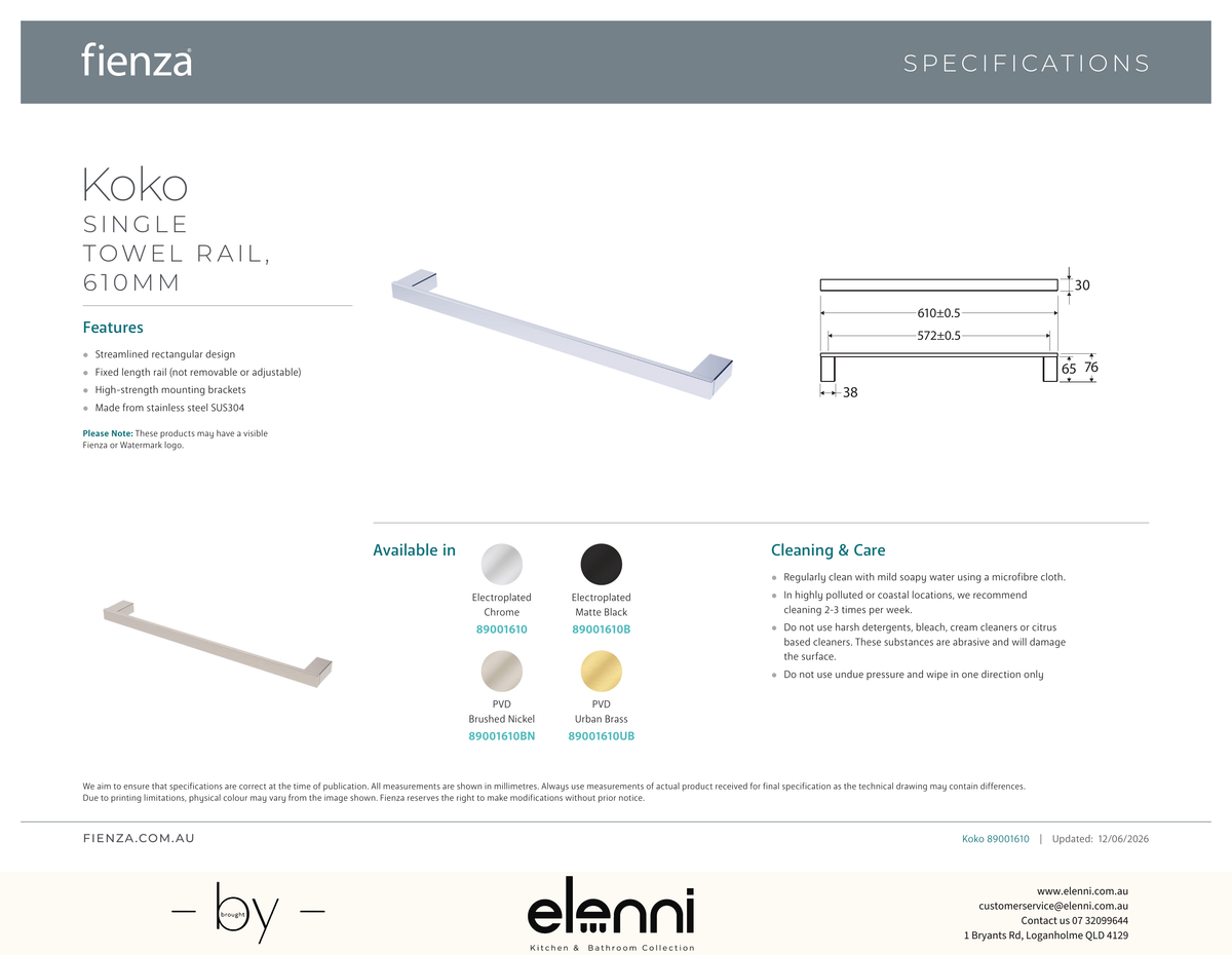Koko Single Towel Rail, 610mm - Spec sheet