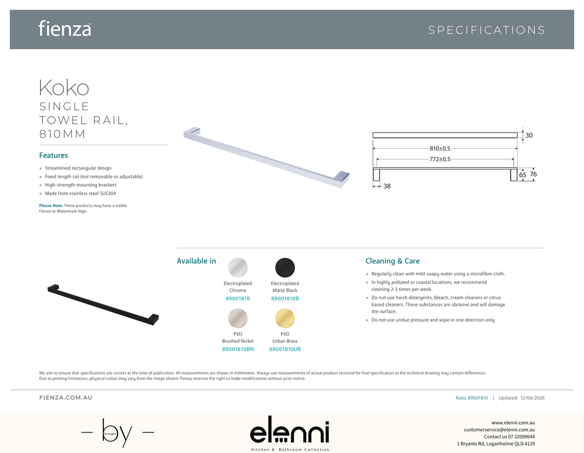 Koko Single Towel Rail, 810mm - Spec sheet