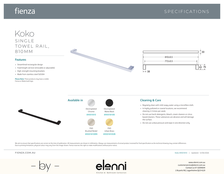 Koko Single Towel Rail, 810mm - Spec sheet