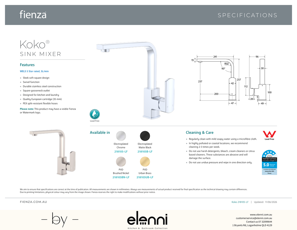 Koko Sink Mixer - Spec sheet