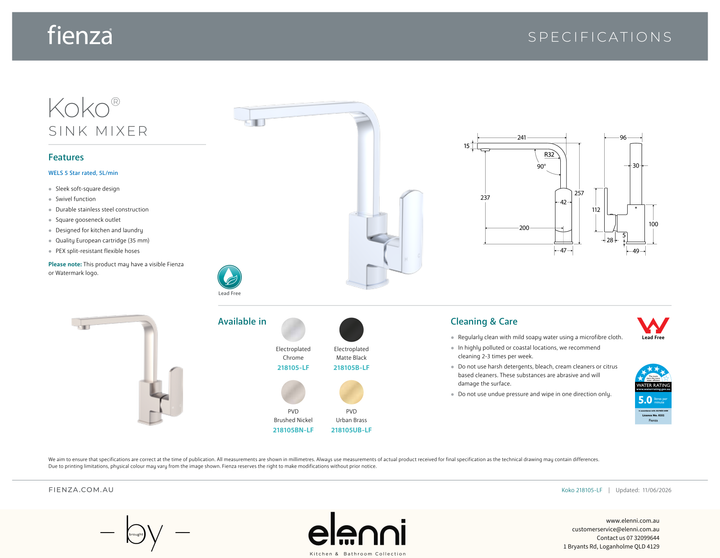 Koko Sink Mixer - Spec sheet