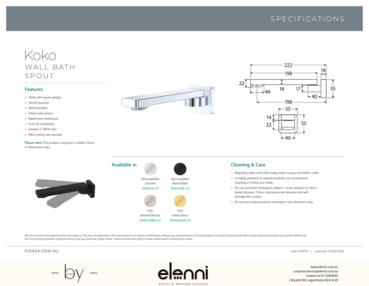 Koko Swivel Bath Spout - Spec sheet