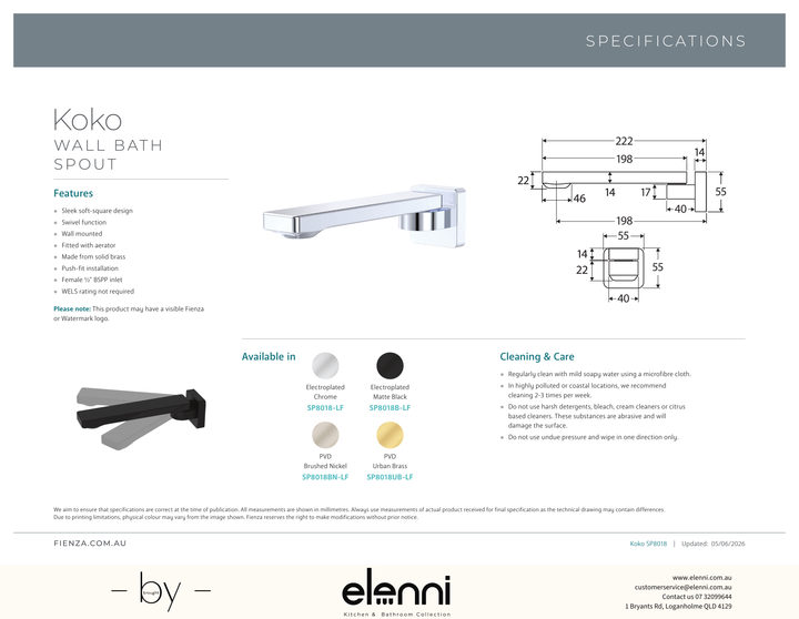 Koko Swivel Bath Spout - Spec sheet