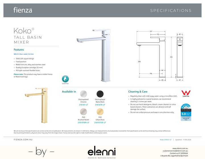 Koko Tall Basin Mixer - Spec sheet