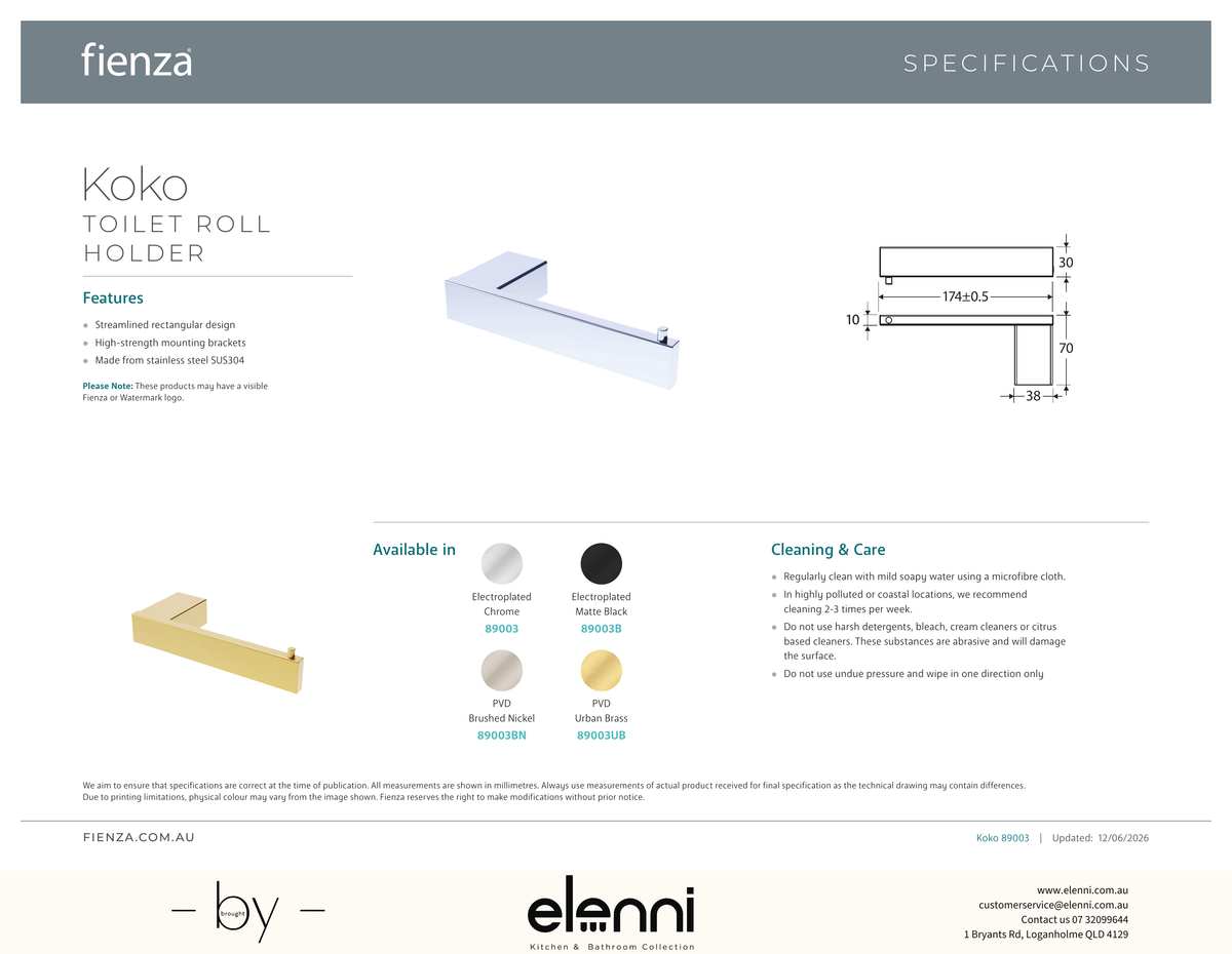 Koko Toilet Roll Holder - Spec sheet