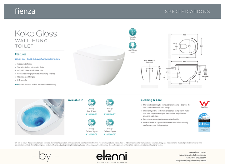 Koko Tornado Flush Wall-Hung Toilet Suite — Elenni specification drawing