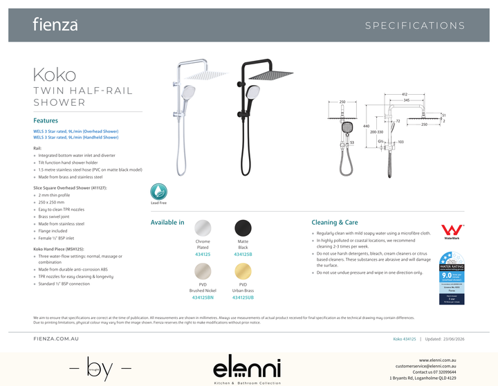 Koko Twin Half-Rail Shower - Spec sheet