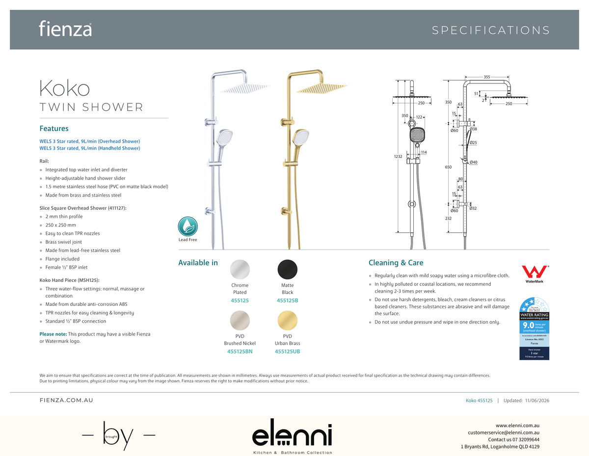 Koko Twin Shower - Spec sheet