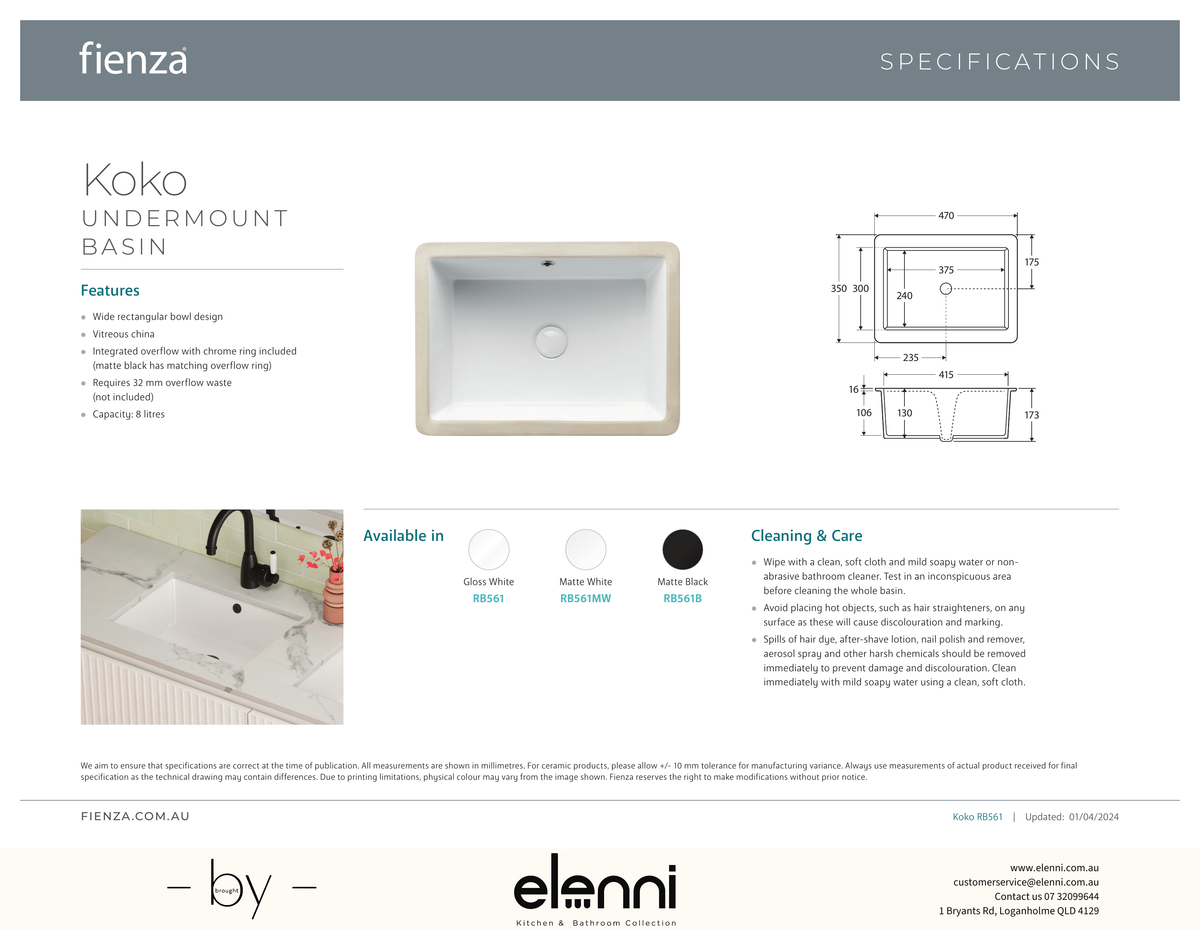 Koko Undermount Basin - Elenni specification drawing