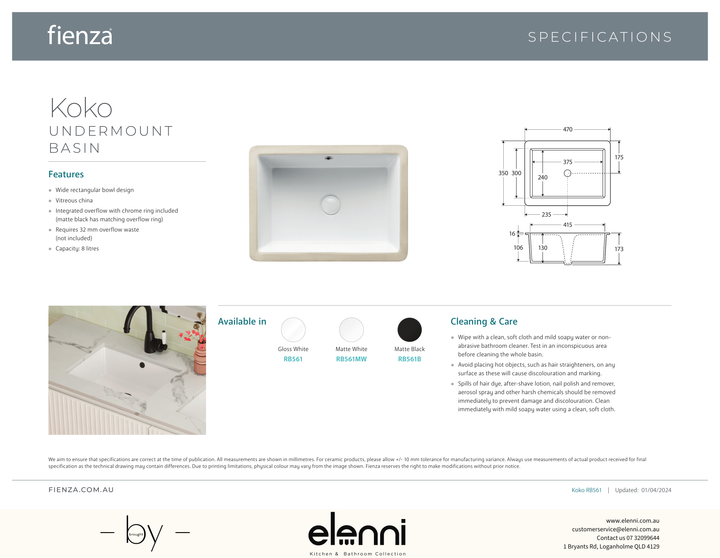 Koko Undermount Basin - Elenni specification drawing