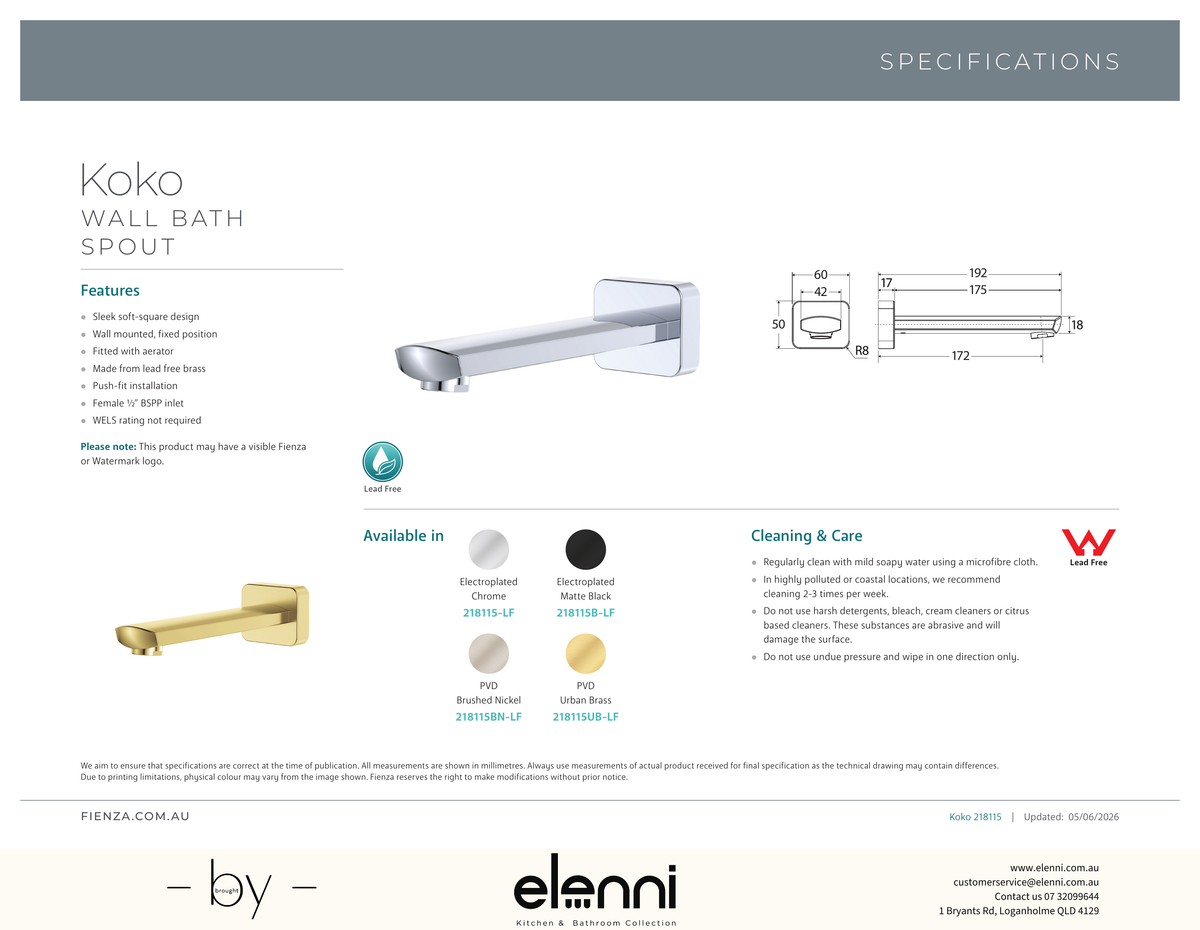Koko Wall Bath Spout - Spec sheet