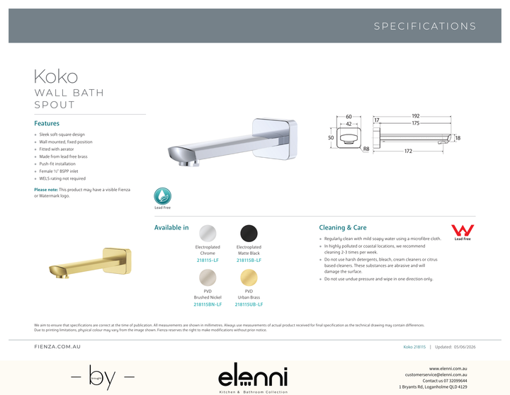 Koko Wall Bath Spout - Spec sheet