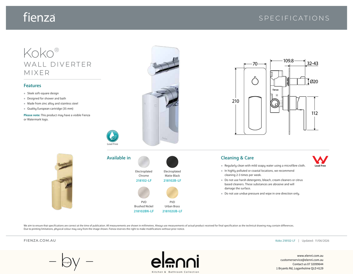 Koko Wall Diverter Mixer - Spec sheet