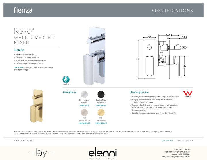Koko Wall Diverter Mixer - Spec sheet