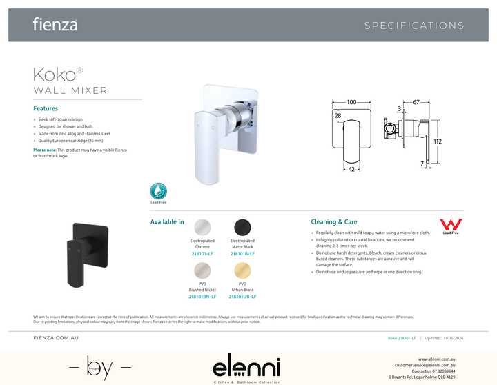 Koko Wall Mixer - Spec sheet